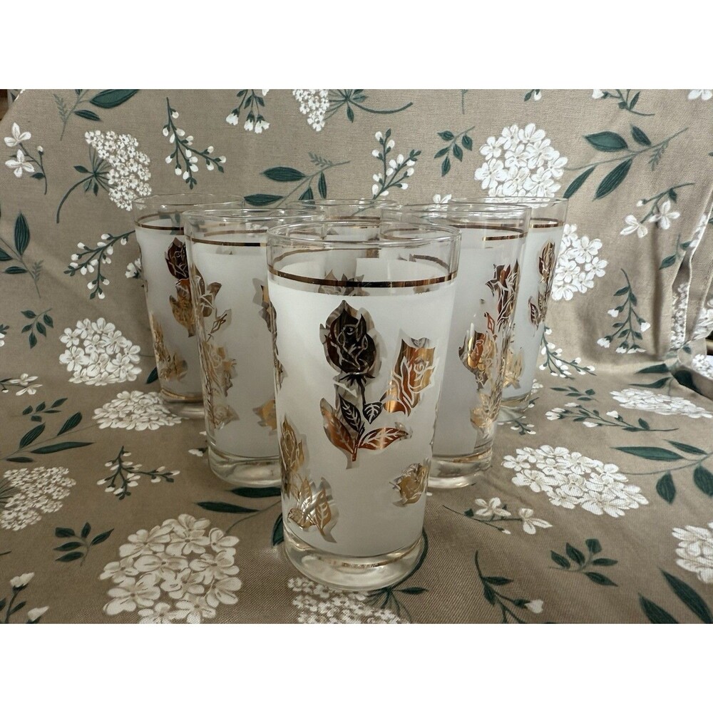 Vintage Libby Gold Leaf Rose Frosted HighBall Glasses SET OF 6 Midcentury Modern
